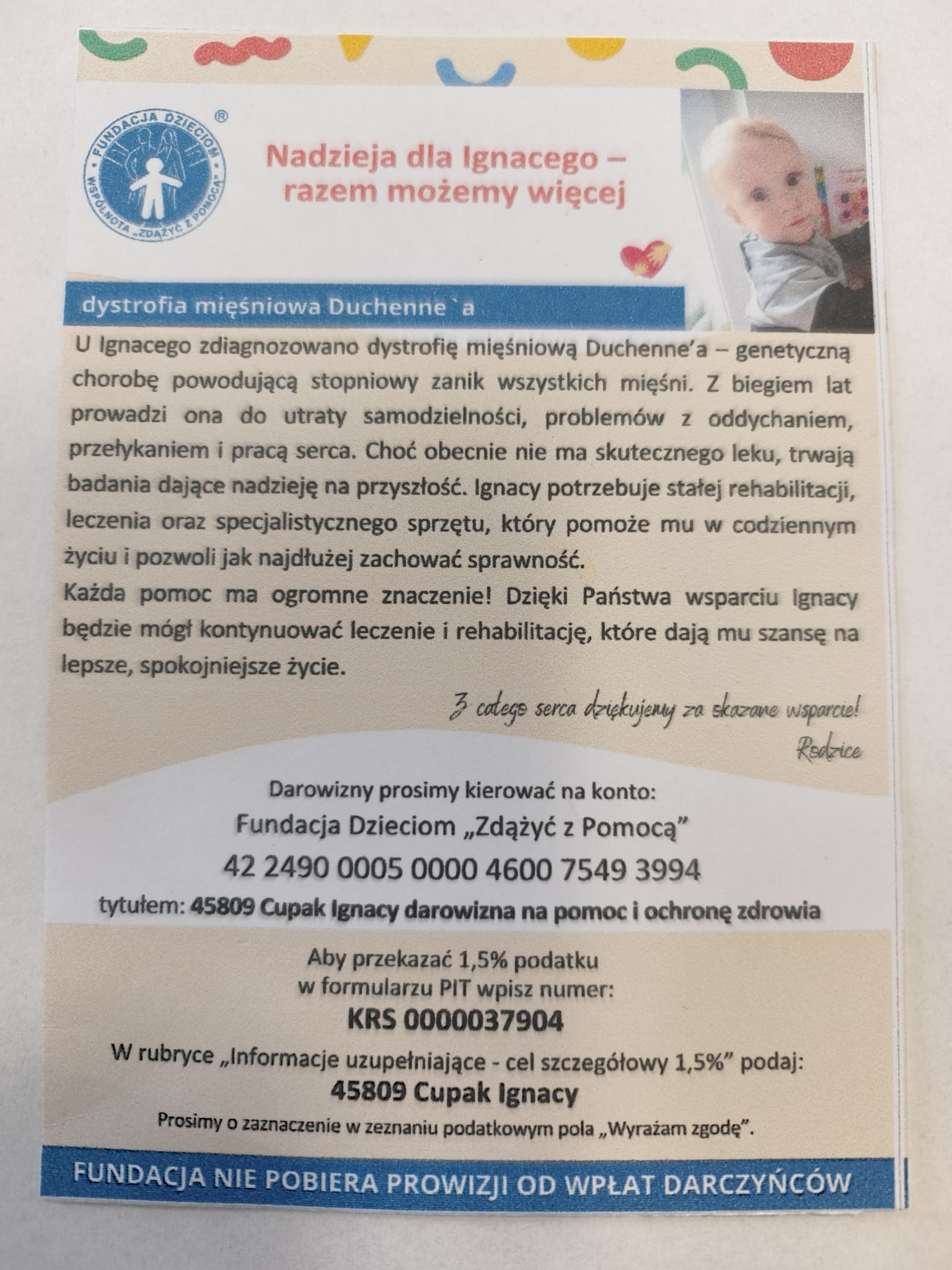 Zbiórka datków pieniężnych na rzecz naszego małego sąsiada - Ignasia. - zdjęcie